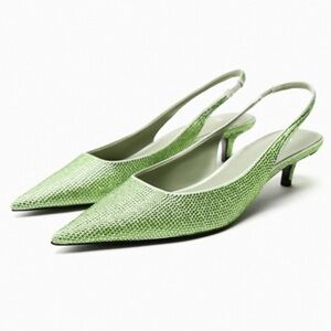 Zara Rhinestone Kitten Heel Slingback – Green – EU 38 / US 7.5–8 💚✨